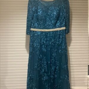 Elegant Teal Lace Dress with Gold Accents